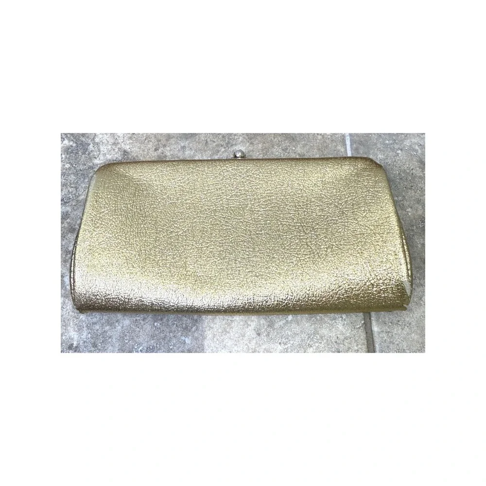 Gold Metallic Clutch Pearl Clasp‎ Evening Bag Vintage READ